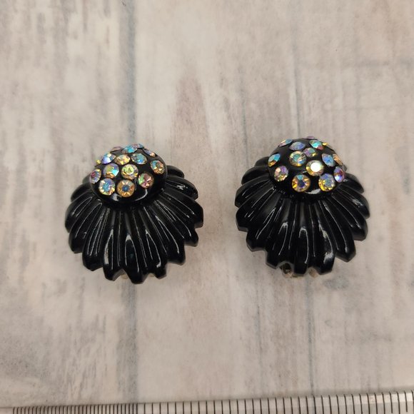 Black Lucite Carved Earrings with AB Crystals. Vintage Pinup Retro Goth - Picture 7 of 9